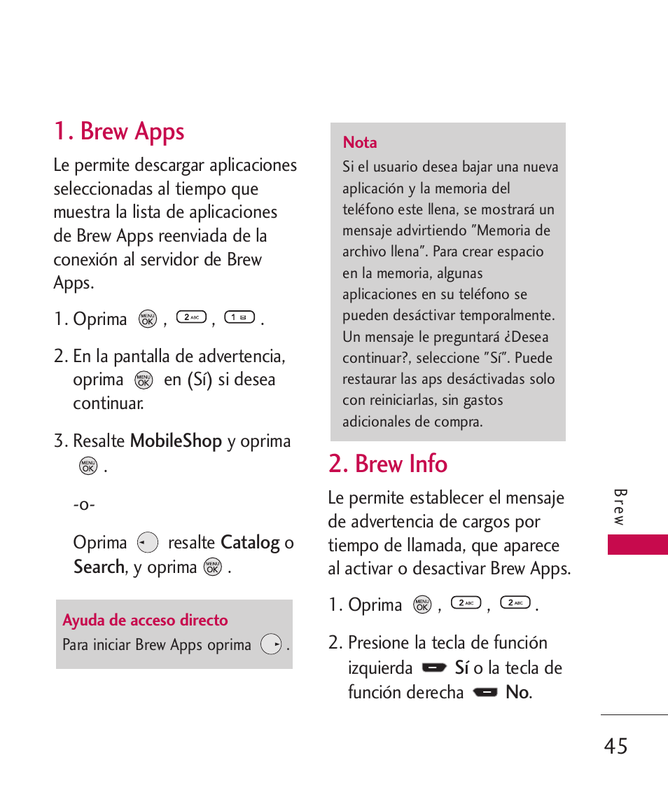 Brew apps, Brew info | LG 260 User Manual | Page 160 / 240