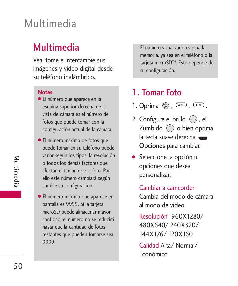 Multimedia, Tomar foto | LG 260 User Manual | Page 165 / 240