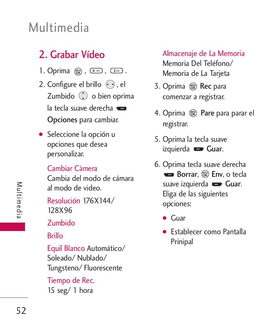 Grabar vídeo, Multimedia | LG 260 User Manual | Page 167 / 240