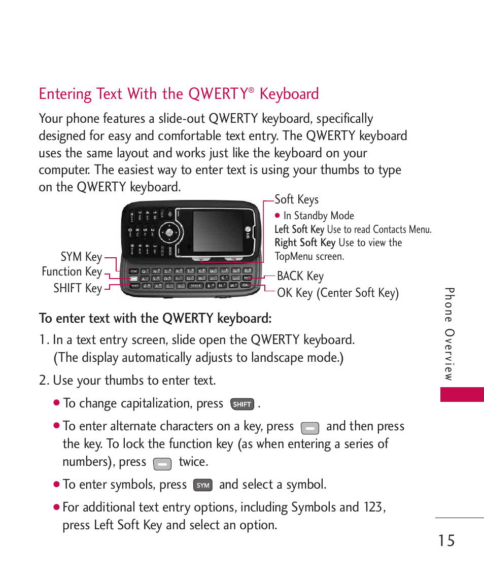 Entering text with the qwert, Keyboard, Entering text with the qwerty | LG 260 User Manual | Page 17 / 240