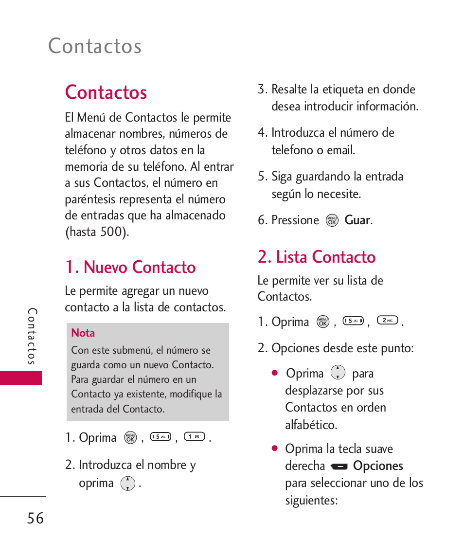 Contactos, Nuevo contacto, Lista contacto | LG 260 User Manual | Page 171 / 240