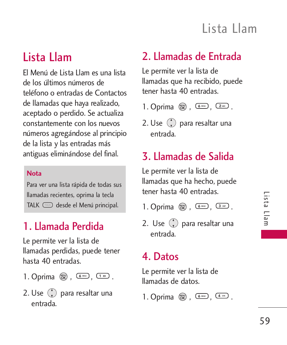 Lista llam, Llamada perdida, Llamadas de entrada | Llamadas de salida, Datos | LG 260 User Manual | Page 174 / 240