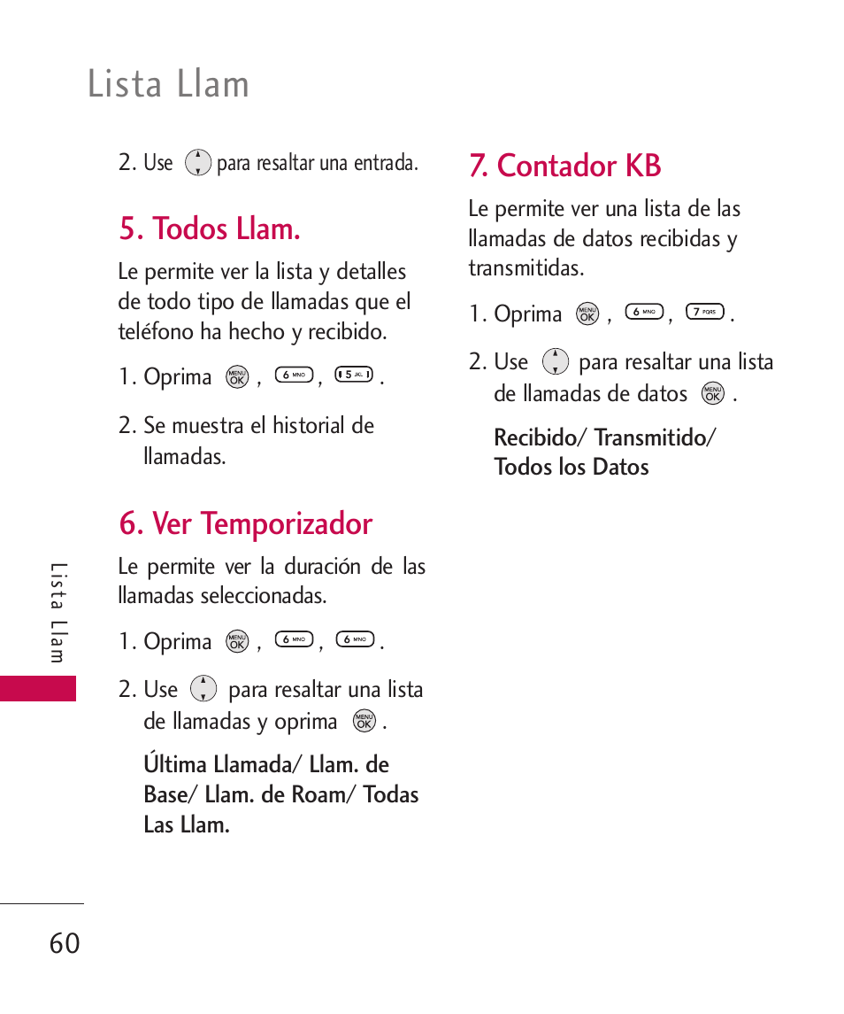 Todos llam, Ver temporizador, Contador kb | Lista llam | LG 260 User Manual | Page 175 / 240