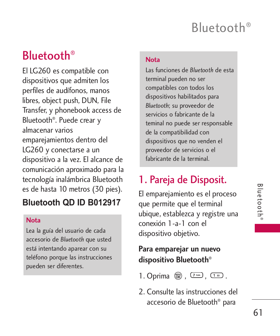 Bluetooth, Pareja de disposit | LG 260 User Manual | Page 176 / 240