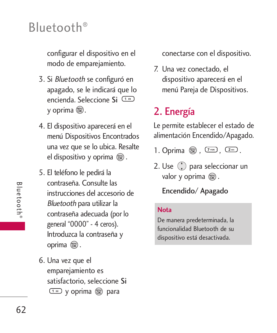 Energía, Bluetooth | LG 260 User Manual | Page 177 / 240