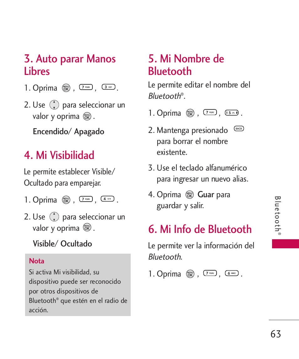 Auto parar manos libres, Mi visibilidad, Mi nombre de bluetooth | Mi info de bluetooth, Auto parar manos libres 63, Mi nombre de bluetooth 63 | LG 260 User Manual | Page 178 / 240