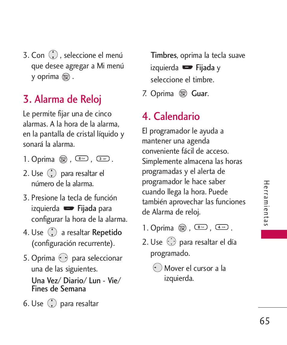 Alarma de reloj, Calendario | LG 260 User Manual | Page 180 / 240