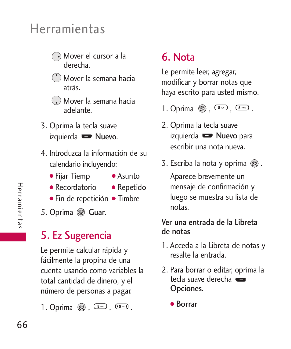 Ez sugerencia, Nota, Herramientas | LG 260 User Manual | Page 181 / 240