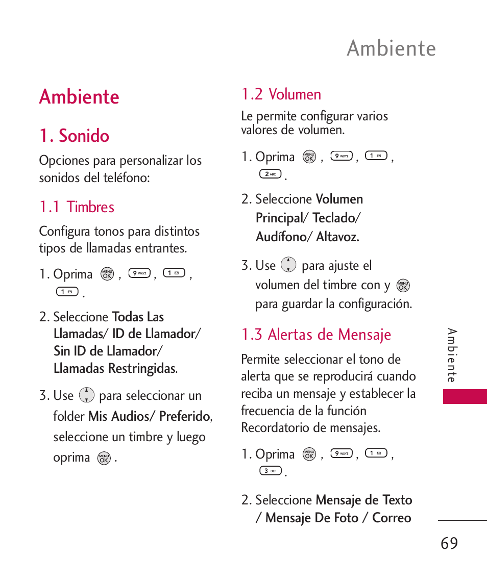Ambiente, Sonido, 1 timbres | 2 volumen, 3 alertas de mensaje | LG 260 User Manual | Page 184 / 240