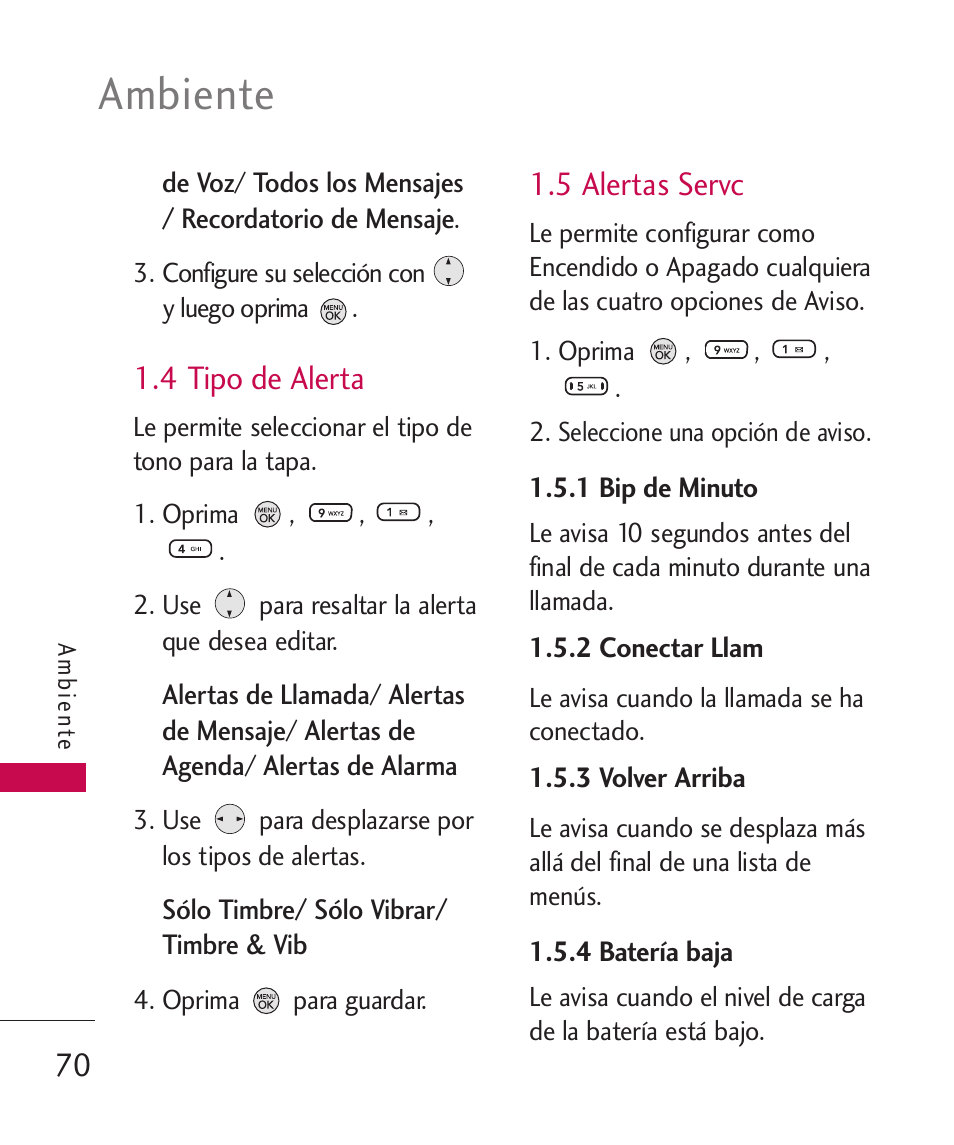 4 tipo de alerta, 5 alertas servc, Ambiente | LG 260 User Manual | Page 185 / 240