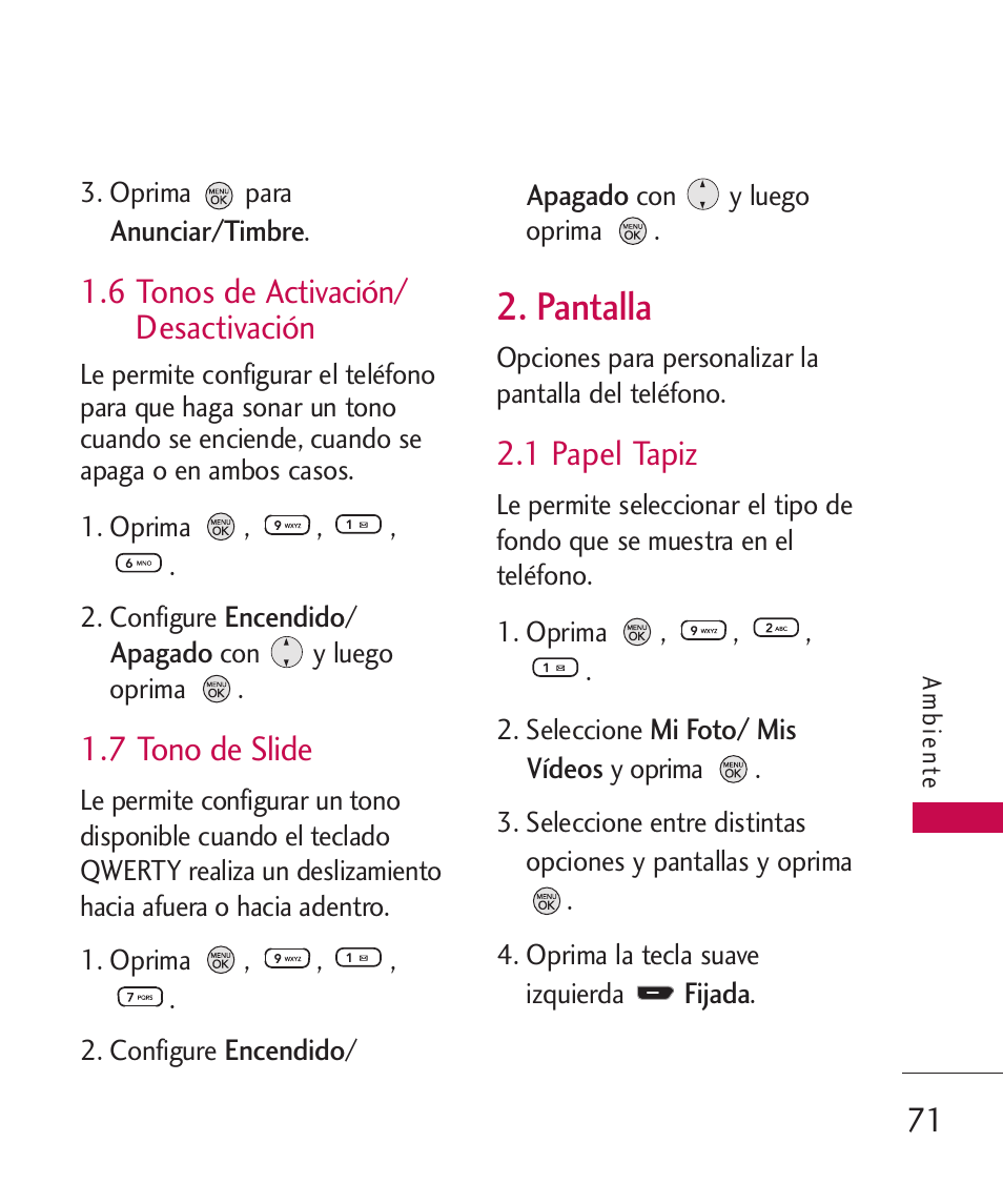 6 tonos de activación/ de, 7 tono de slide, Pantalla | 1 papel tapiz, 6 tonos de activación/ desactivación 71, 6 tonos de activación/ desactivación | LG 260 User Manual | Page 186 / 240