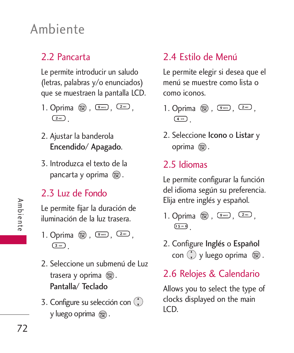 2 pancarta, 3 luz de fondo, 4 estilo de menú | 5 idiomas, 6 relojes & calendario, Ambiente | LG 260 User Manual | Page 187 / 240