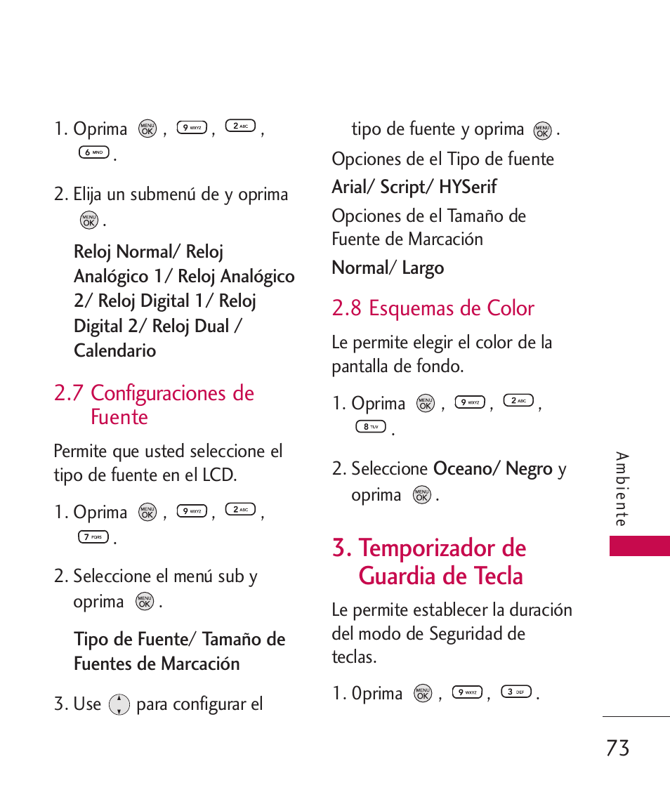 7 configuraciones de fuente, 8 esquemas de color, Temporizador de guardia | 7 configuraciones de fuente 73, Temporizador de guardia de tecla | LG 260 User Manual | Page 188 / 240