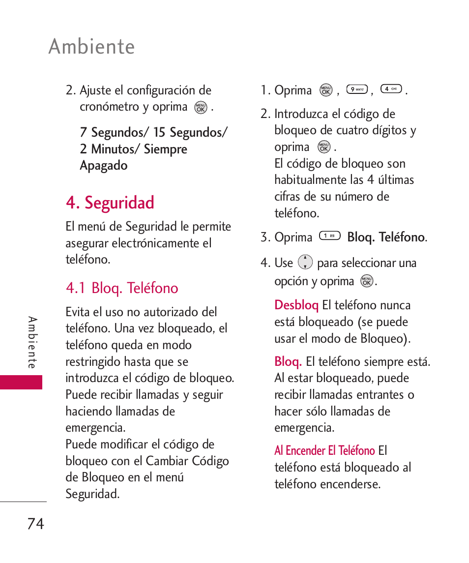 Seguridad, 1 bloq. teléfono, Ambiente | LG 260 User Manual | Page 189 / 240