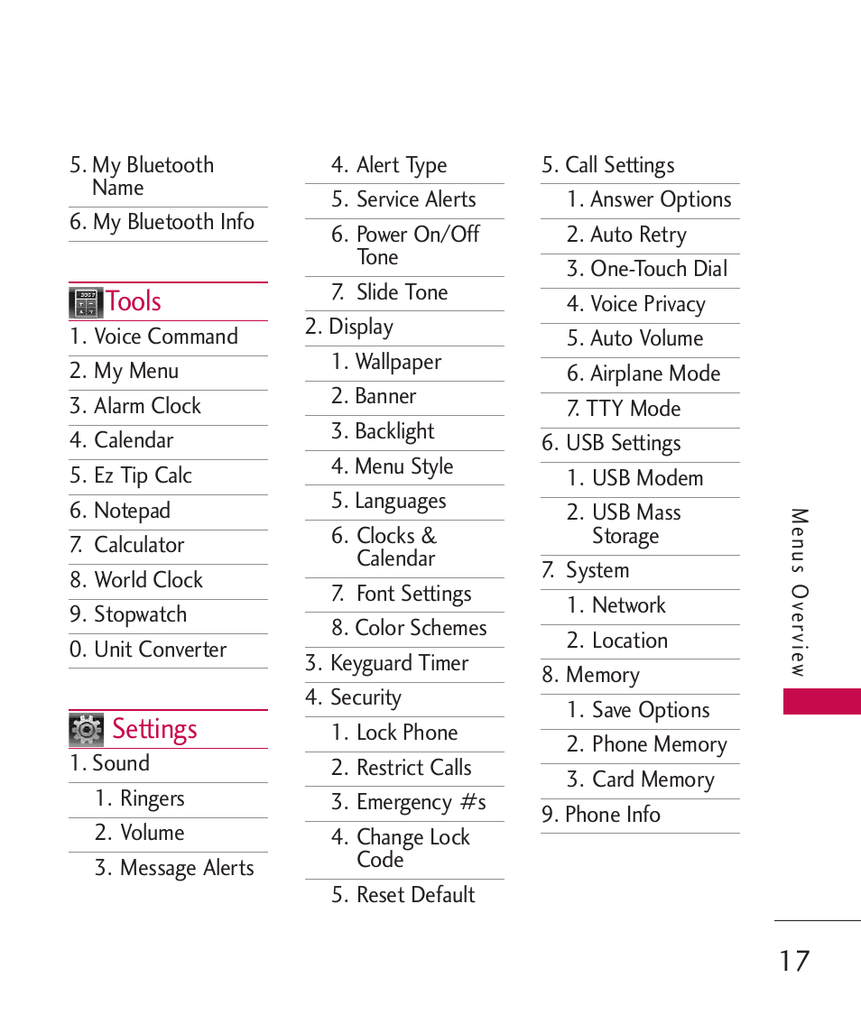 Tools, Settings | LG 260 User Manual | Page 19 / 240