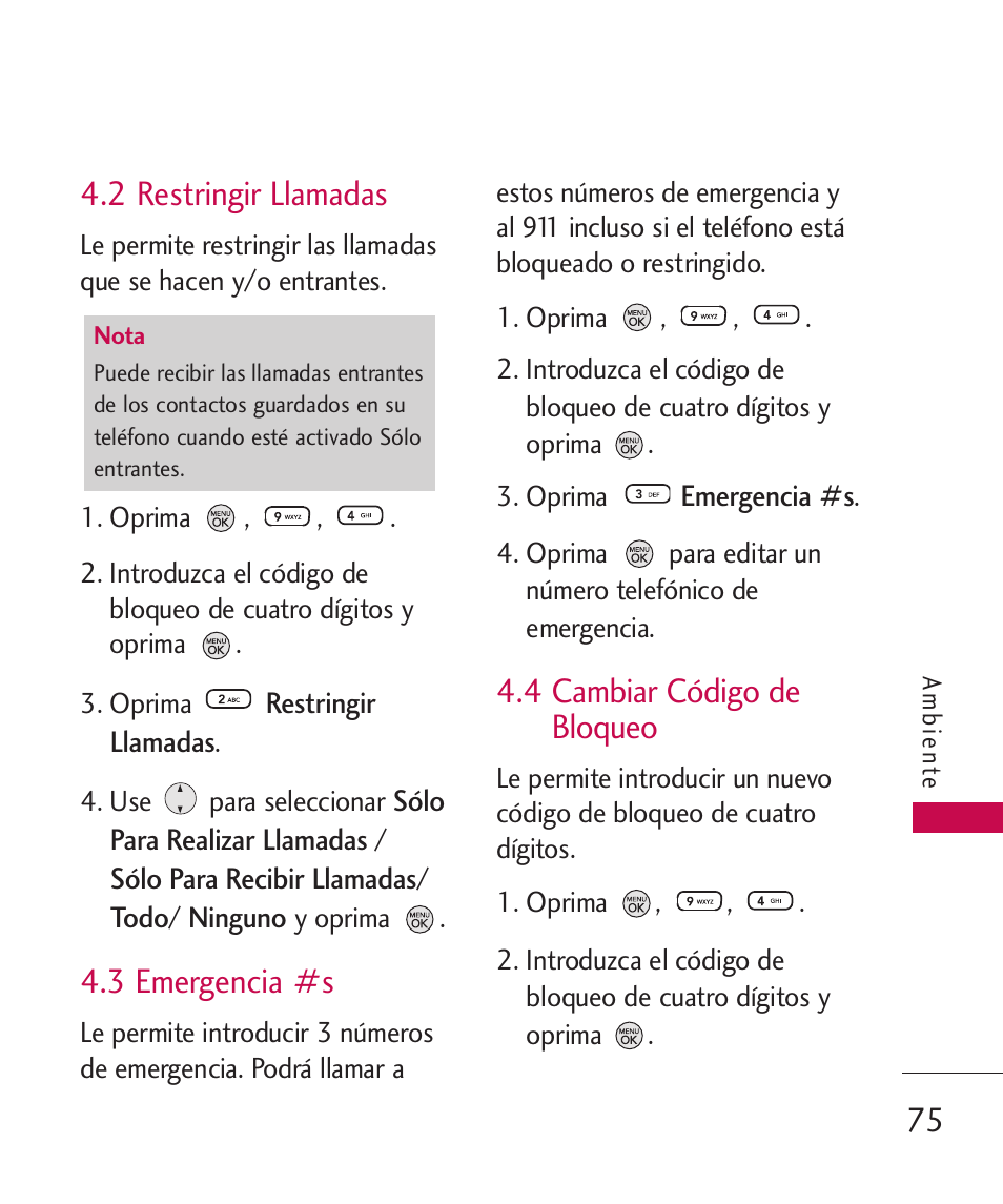 2 restringir llamadas, 3 emergencia #s, 4 cambiar código de bloqueo | 4 cambiar código de bloqueo75 | LG 260 User Manual | Page 190 / 240