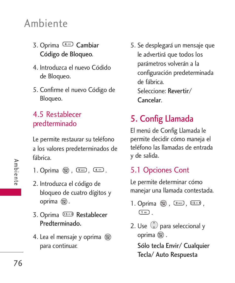 5 restablecer predterminado, Le permite restaurar su telé, Config llamada | 1 opciones cont, 5 restablecer predterminado 76, Ambiente | LG 260 User Manual | Page 191 / 240