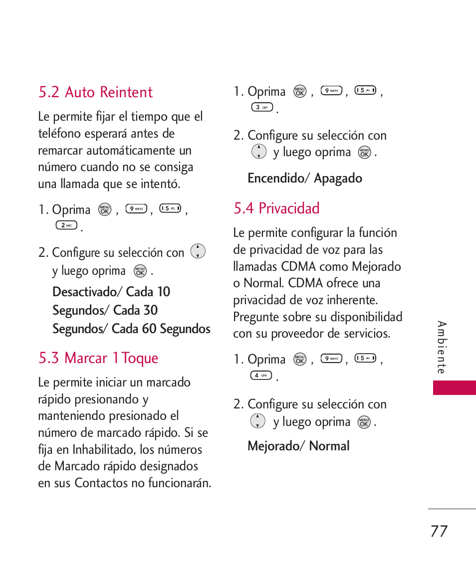 2 auto reintent, 3 marcar 1toque, 4 privacidad | LG 260 User Manual | Page 192 / 240