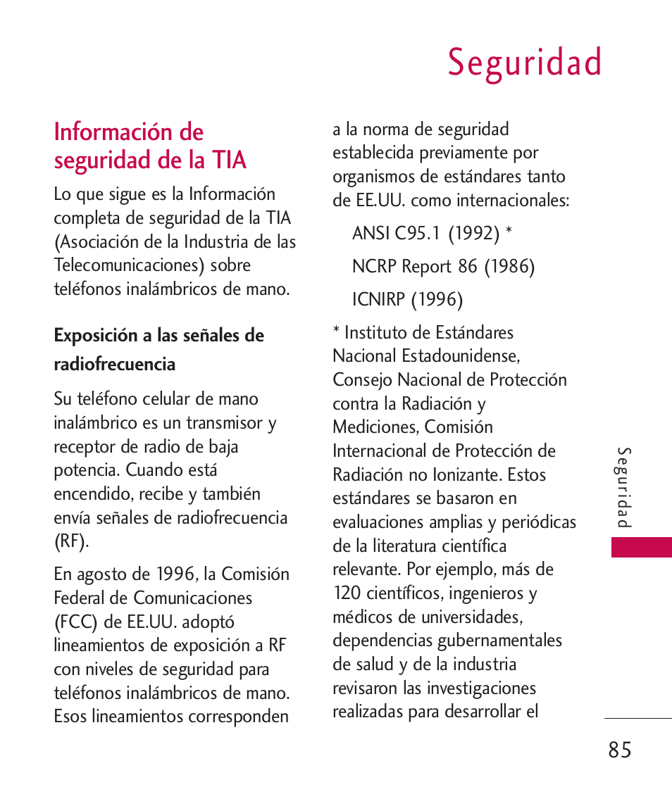 Seguridad, Información de seguridad de, Exposición a las señales de | Información de seguridad de la tia, Exposición a las señales de radiofrecuencia | LG 260 User Manual | Page 200 / 240