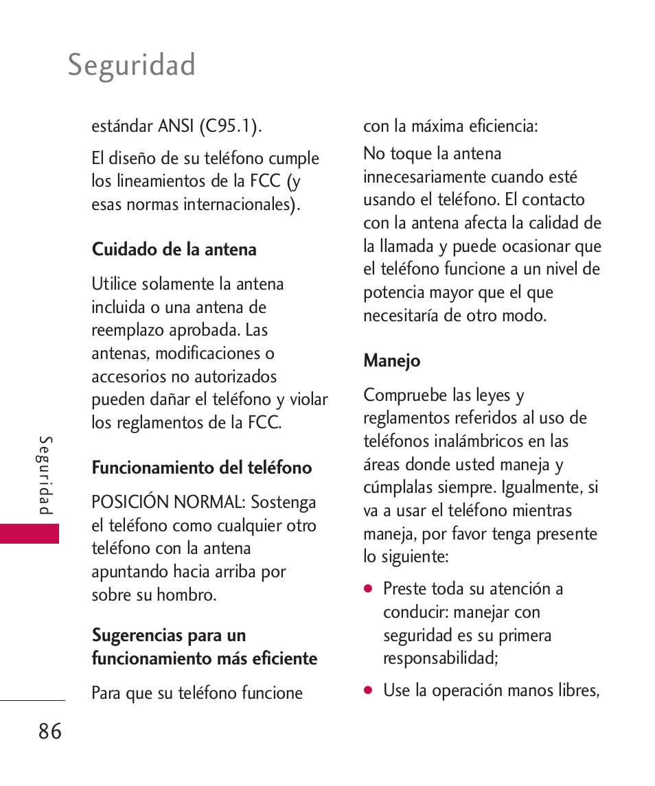 Cuidado de la antena, Funcionamiento del teléfono, Sugerencias para un funciona | Manejo, Sugerencias para un funcionamiento más eficiente, Seguridad | LG 260 User Manual | Page 201 / 240