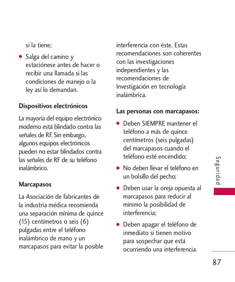 Dispositivos electrónicos, Marcapasos, Las personas con marcapasos | LG 260 User Manual | Page 202 / 240
