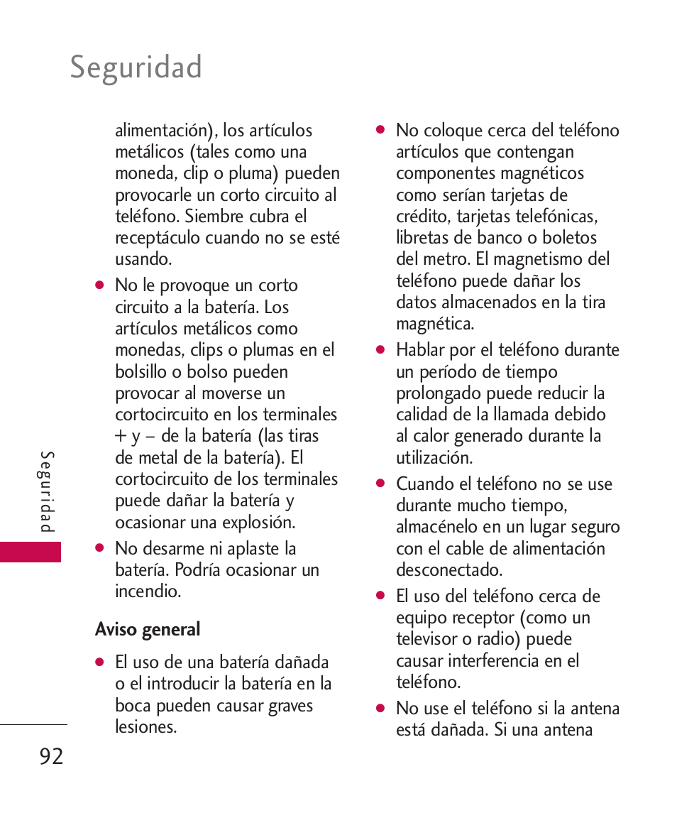 Aviso general, Seguridad | LG 260 User Manual | Page 207 / 240