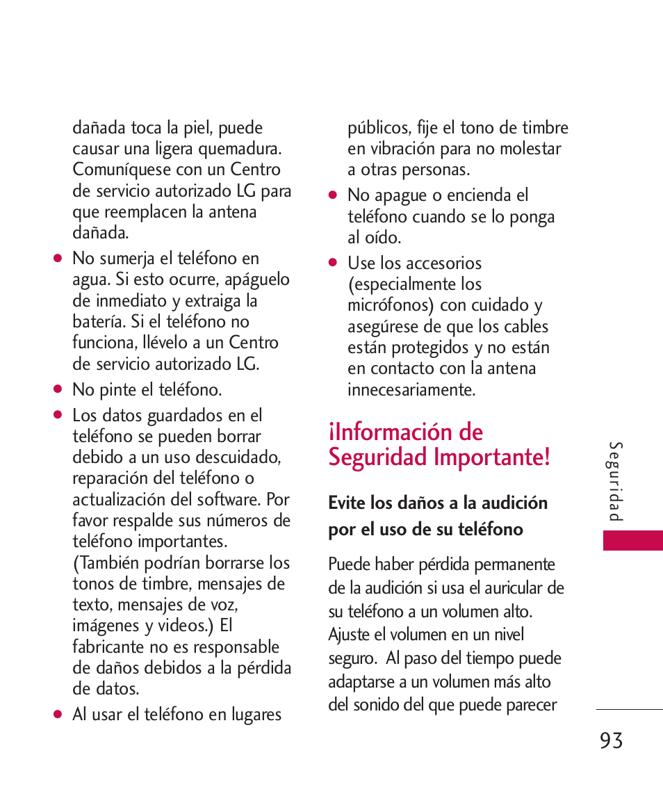 Información de seguridad im, Evite los daños a la audició, Información de seguridad importante! 93 | Información de seguridad importante | LG 260 User Manual | Page 208 / 240