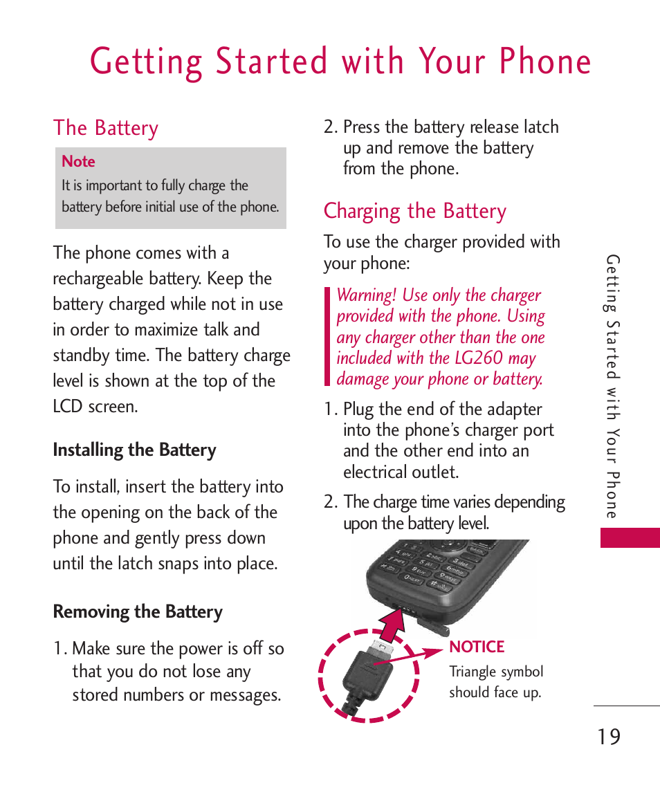 Getting started with your phone, The battery, Installing the battery | Removing the battery, Charging the battery | LG 260 User Manual | Page 21 / 240