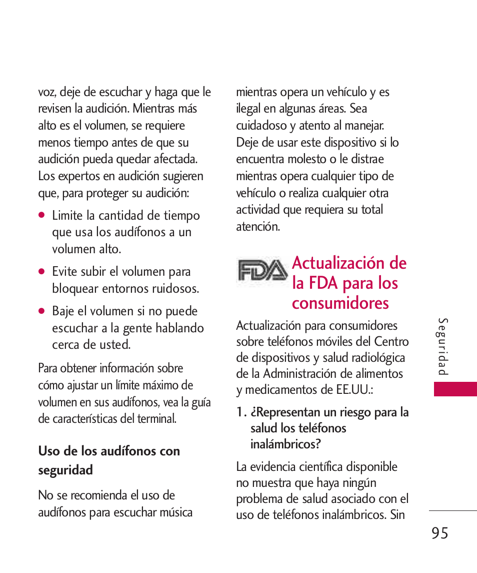 Uso de los audífonos con seg, Actualización de la fda para, Uso de los audífonos con seguridad95 | Actualización de la fda para los consumidores | LG 260 User Manual | Page 210 / 240