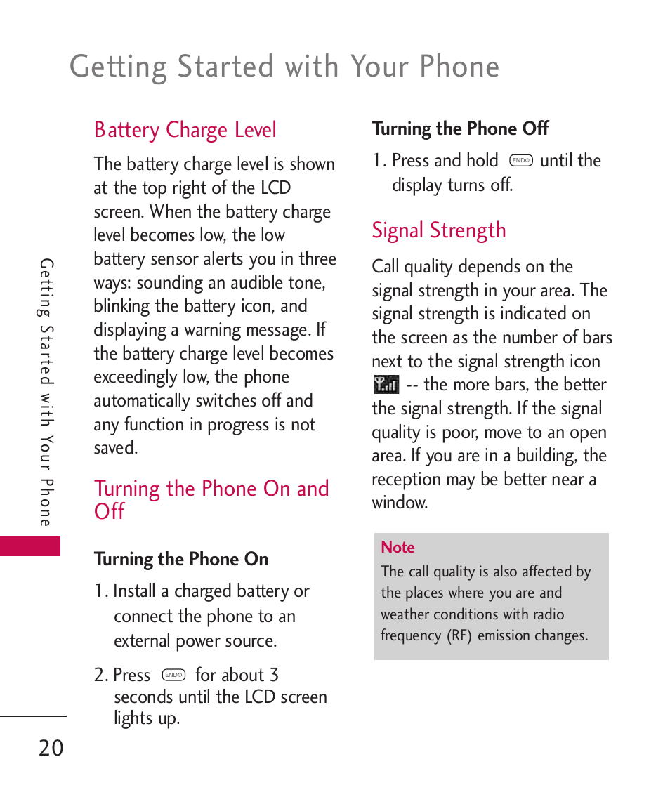 Battery charge level, Turning the phone on and off, Turning the phone on | Turning the phone off, Signal strength, Turning the phone on and off 20, Getting started with your phone | LG 260 User Manual | Page 22 / 240