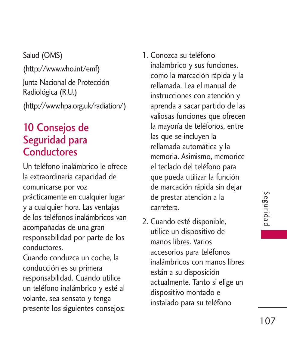 10 consejos de seguridad par, 10 consejos de seguridad para conductores | LG 260 User Manual | Page 222 / 240