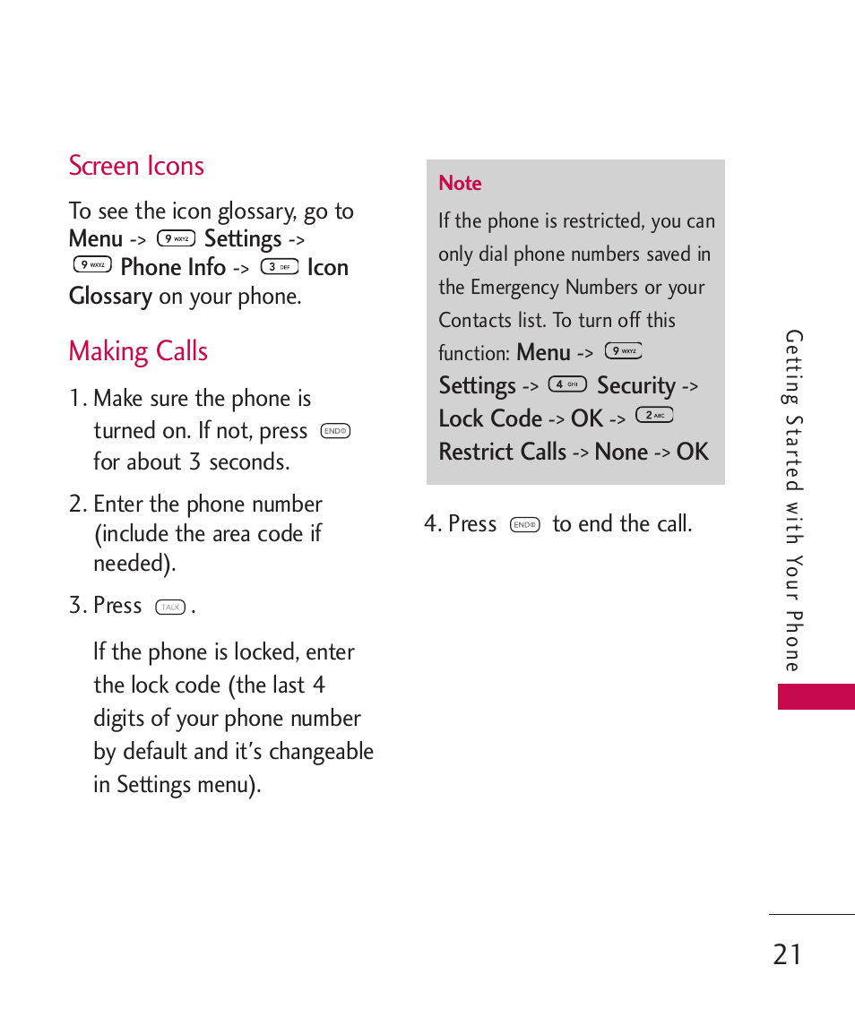 Screen icons, Making calls | LG 260 User Manual | Page 23 / 240