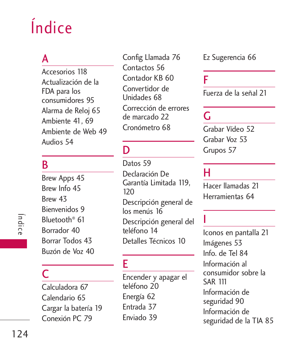 Índice | LG 260 User Manual | Page 239 / 240