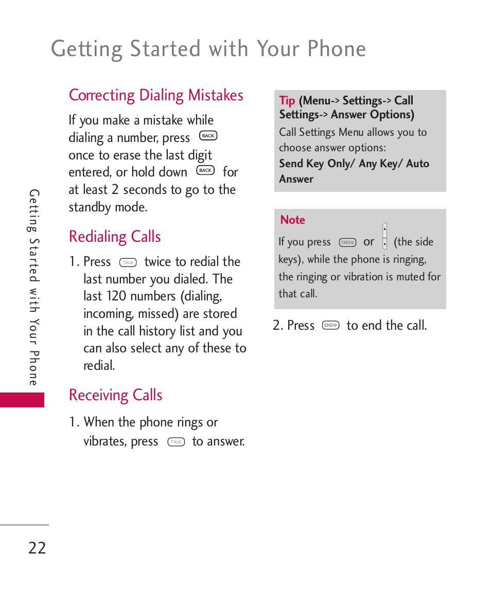 Correcting dialing mistakes, Redialing calls, Receiving calls | Getting started with your phone | LG 260 User Manual | Page 24 / 240