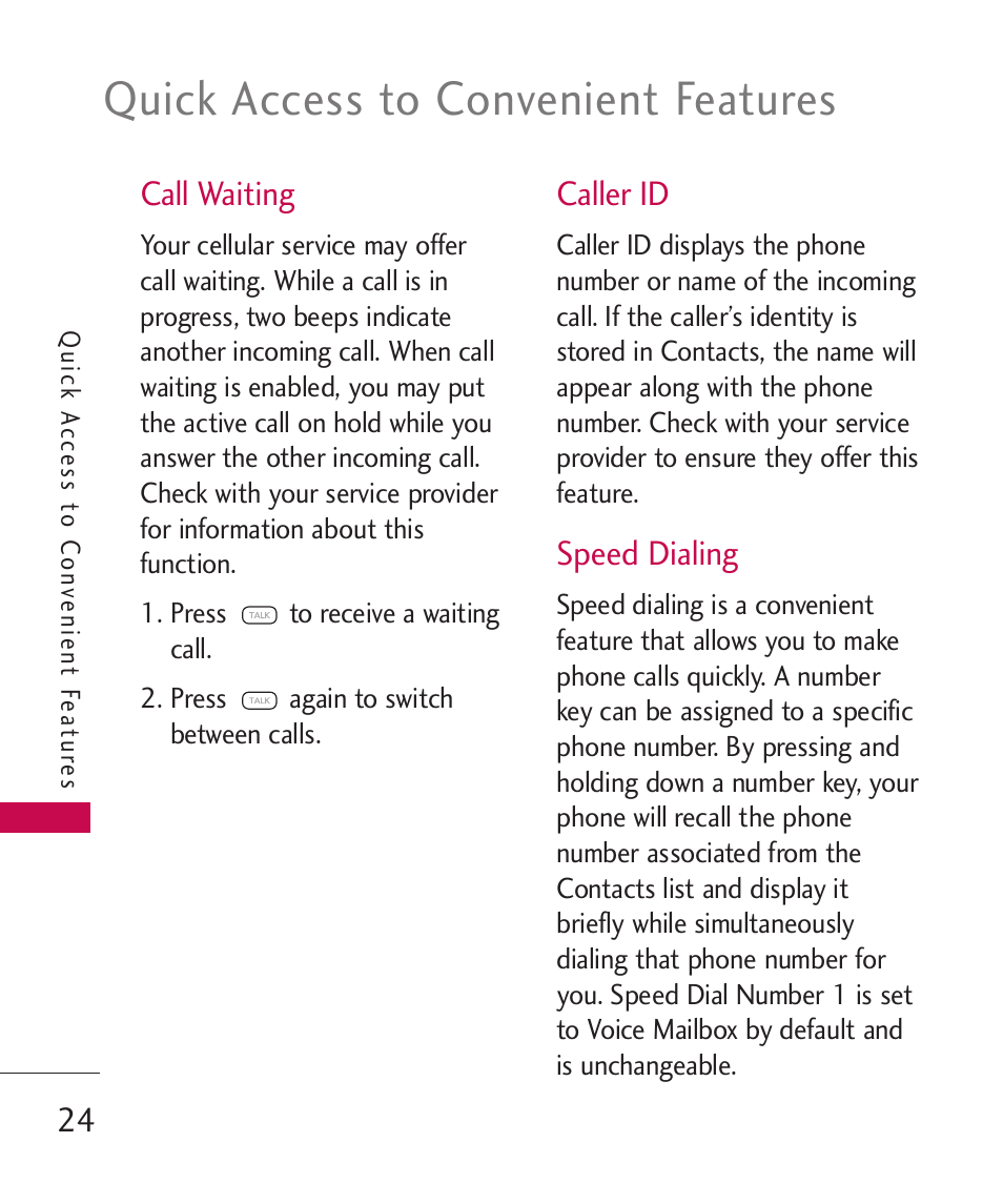 Call waiting, Caller id, Speed dialing | Quick access to convenient features | LG 260 User Manual | Page 26 / 240