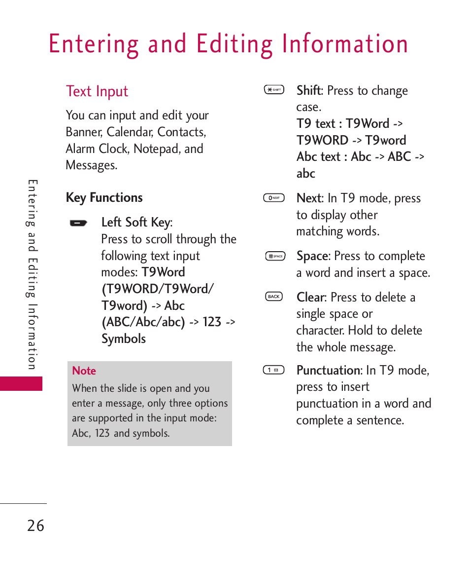Entering and editing informa, Text input, Key functions | Entering and editing information | LG 260 User Manual | Page 28 / 240
