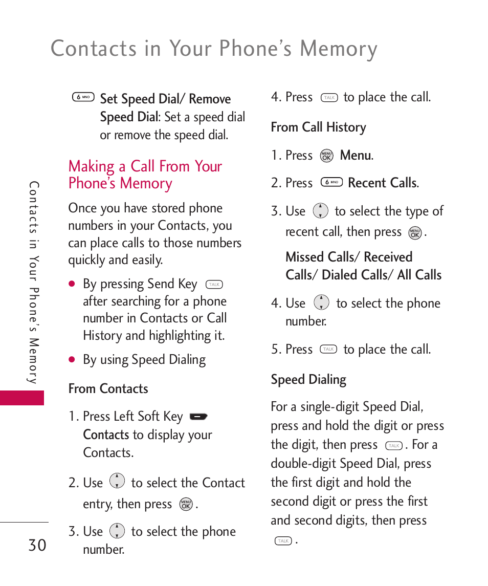 Making a call from your phon, Making a call from your phone’s memory | LG 260 User Manual | Page 32 / 240