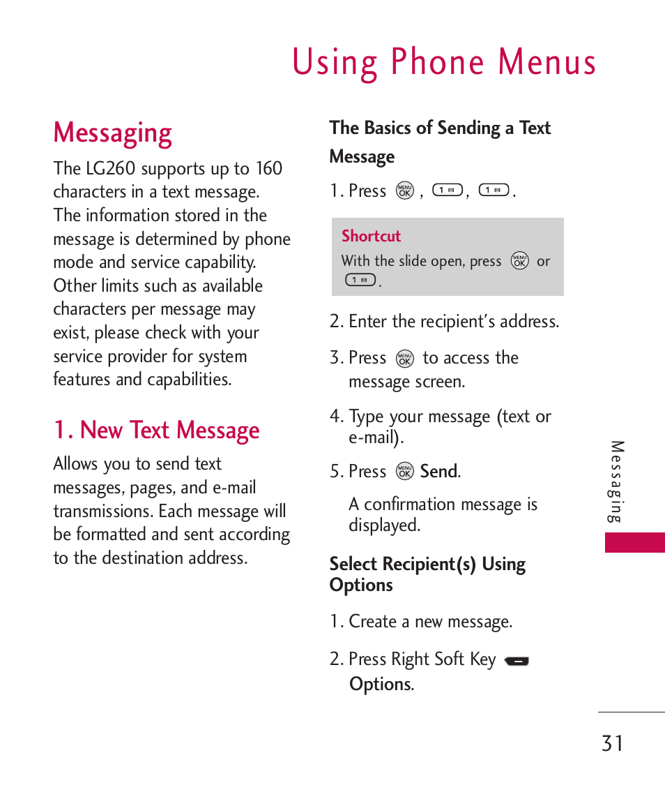 Using phone menus, Messaging, New text message | LG 260 User Manual | Page 33 / 240