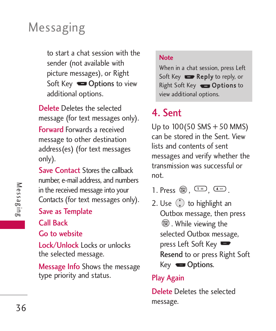 Sent, Messaging | LG 260 User Manual | Page 38 / 240