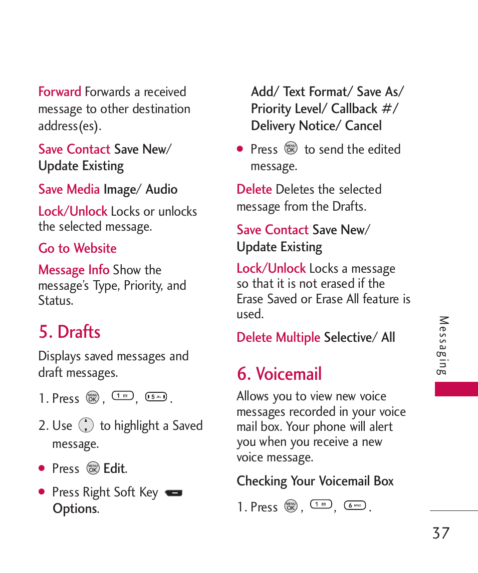 Drafts, Voicemail | LG 260 User Manual | Page 39 / 240