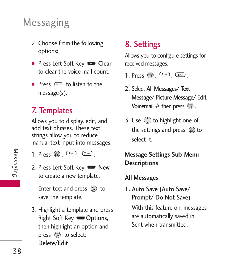 Templates, Settings, Messaging | LG 260 User Manual | Page 40 / 240