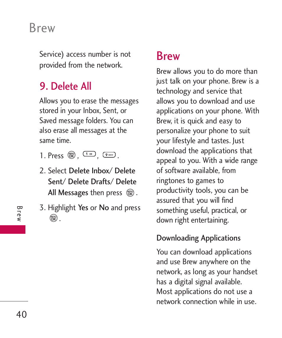 Delete all, Brew | LG 260 User Manual | Page 42 / 240