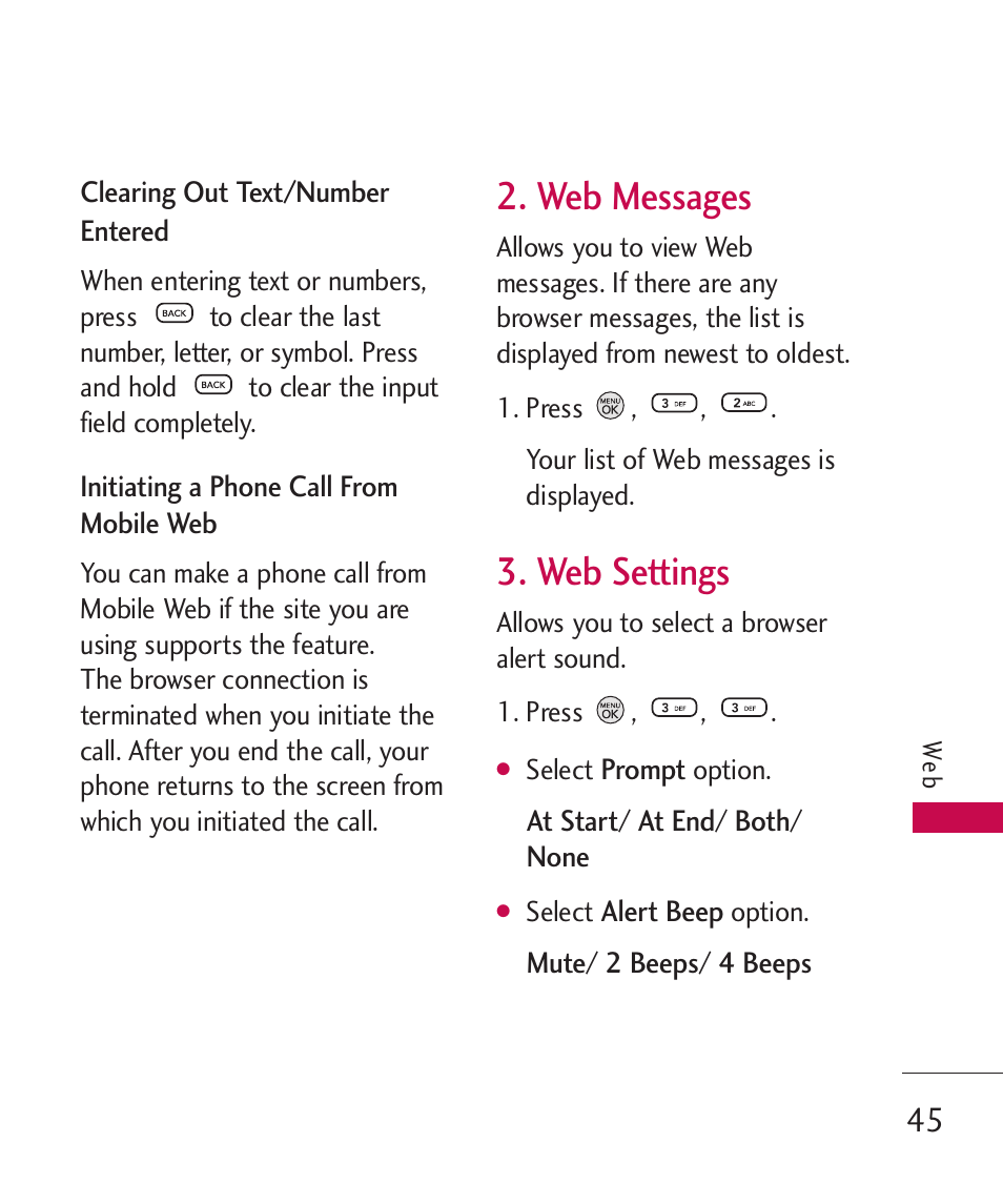 Web messages, Web settings | LG 260 User Manual | Page 47 / 240