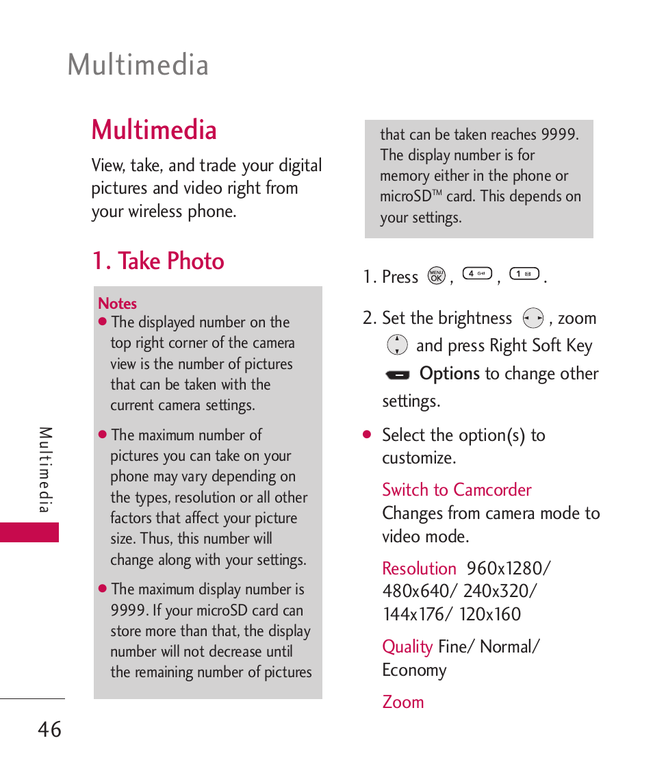 Multimedia, Take photo | LG 260 User Manual | Page 48 / 240