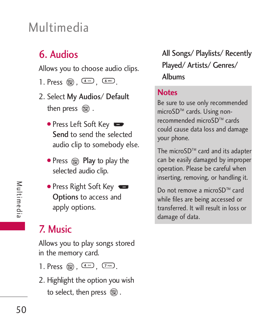Audios, Music, Multimedia | LG 260 User Manual | Page 52 / 240