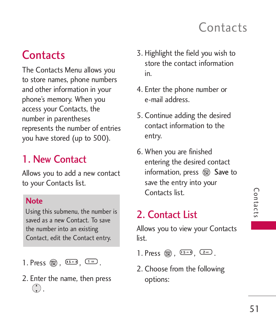 Contacts, New contact, Contact list | LG 260 User Manual | Page 53 / 240