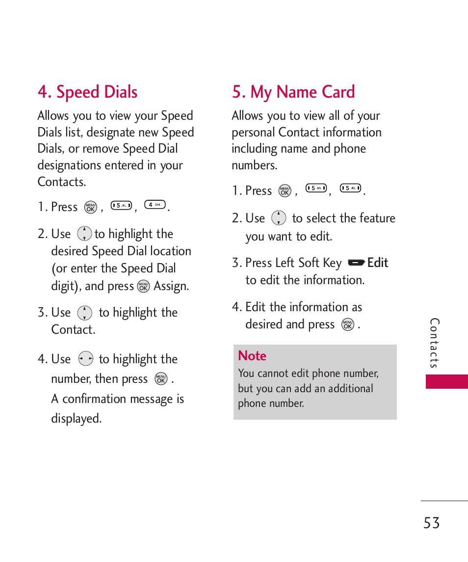 Speed dials, My name card | LG 260 User Manual | Page 55 / 240