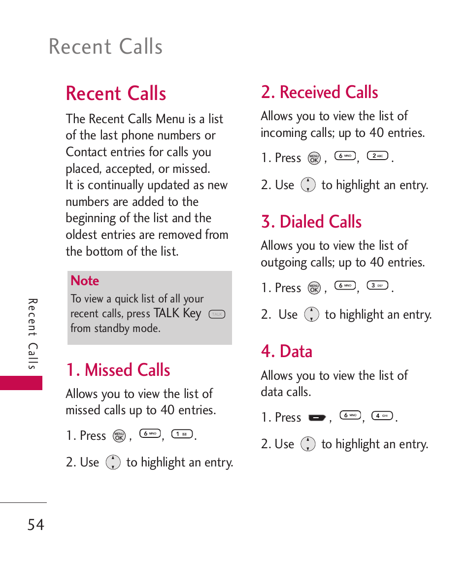 Recent calls, Missed calls, Received calls | Dialed calls, Data | LG 260 User Manual | Page 56 / 240