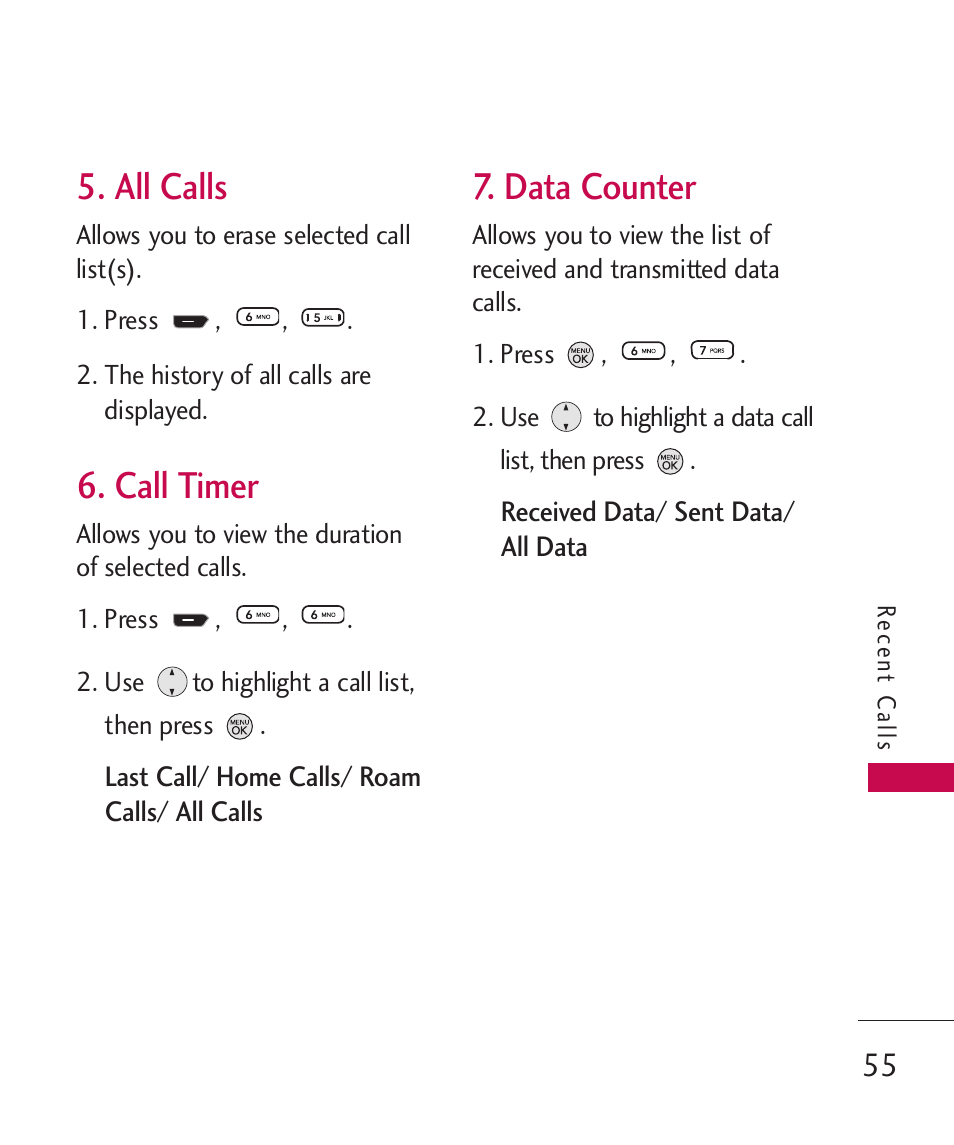 All calls, Call timer, Data counter | LG 260 User Manual | Page 57 / 240