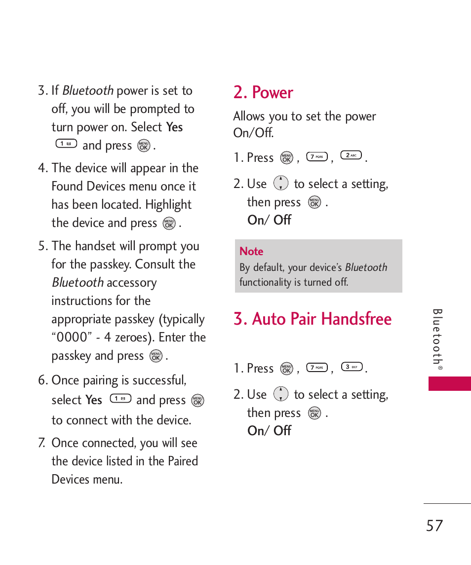 Power, Auto pair handsfree | LG 260 User Manual | Page 59 / 240